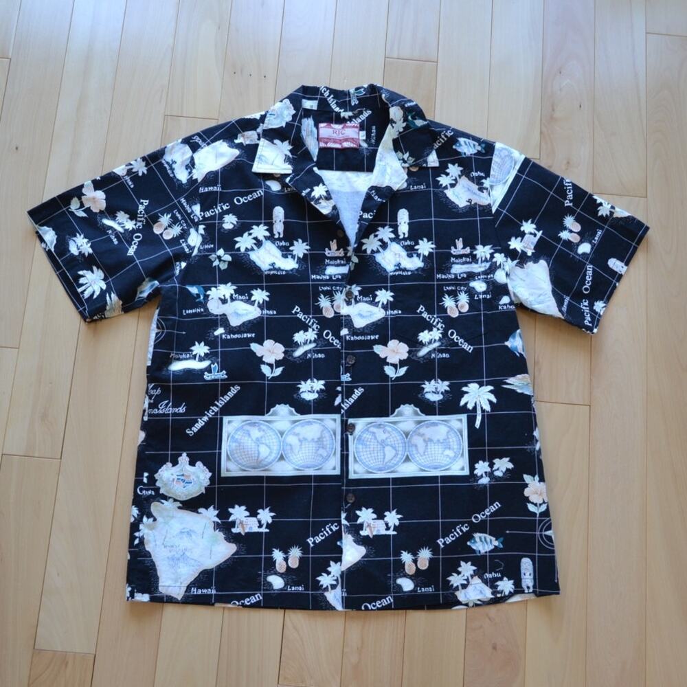 RJC Hawaiian Shirt Short Sleeve Button Down Black White Size Large